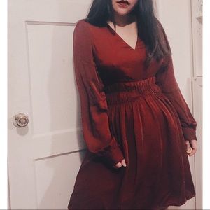satin smocked waist long sleeve dress 